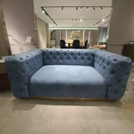 Tufted Light Blue Velvet Sofa with Clean Boxed Sides and Polished Metal Base